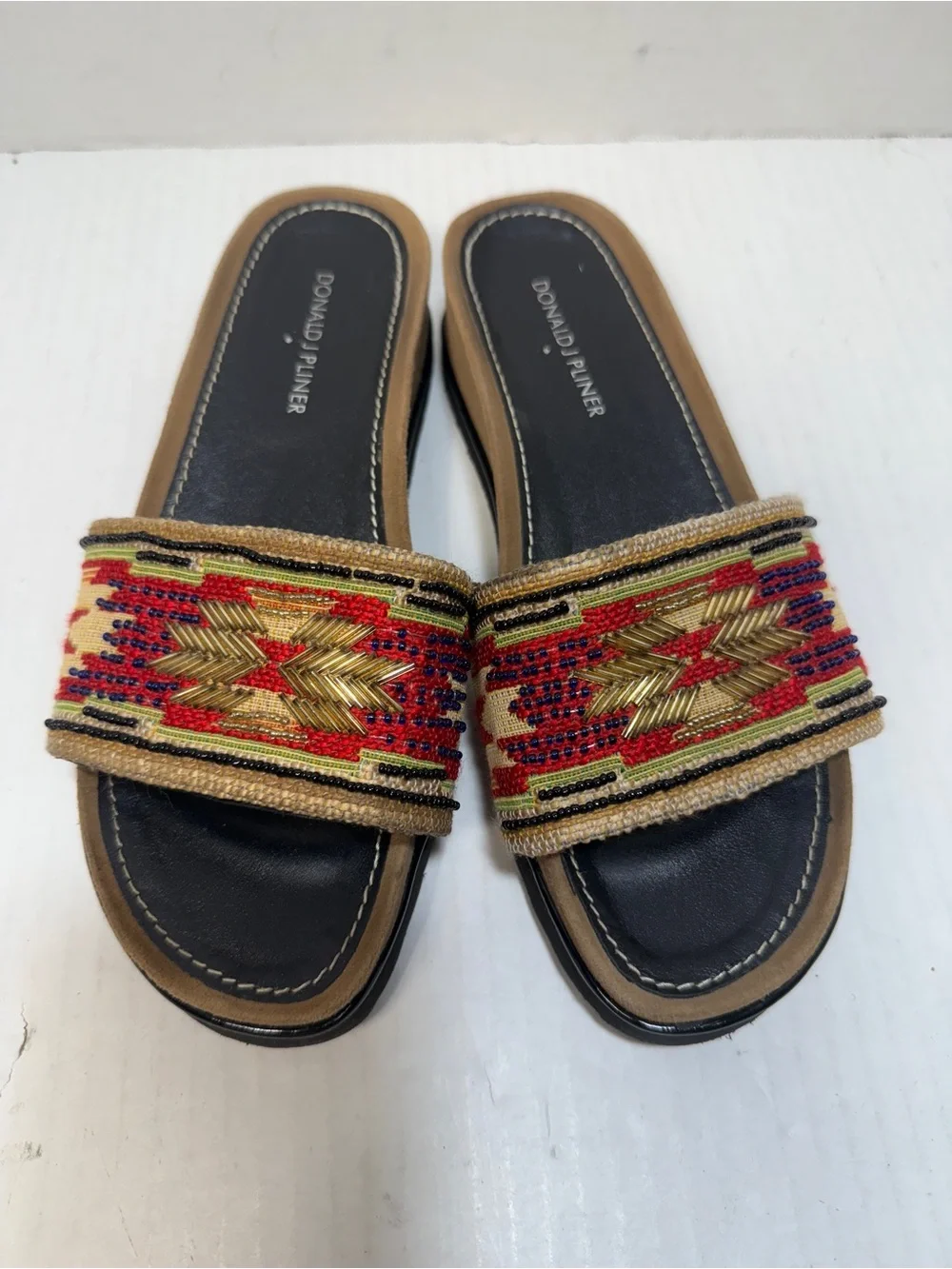 Donald J Pliner Cavasp Slide Sandals Beaded Aztec Pattern Strap Women’s Size 8M